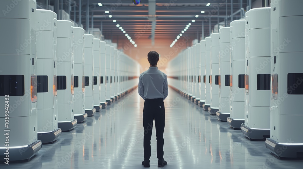 Poster warehouse manager overseeing autonomous robots operations