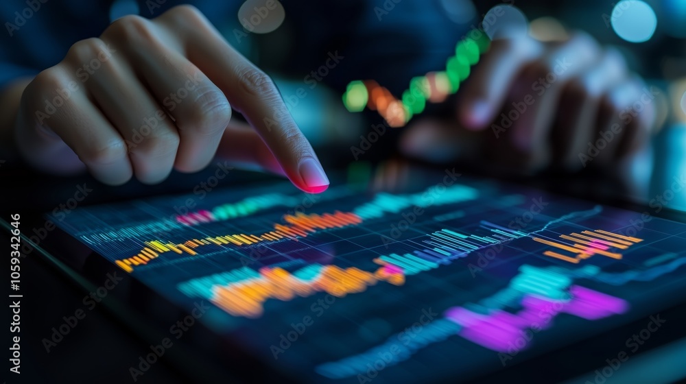 Poster hands pointing at financial graphs on a screen