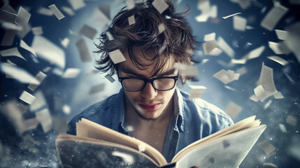 Young man immersed in book with pages flying around him in dynamic scene
