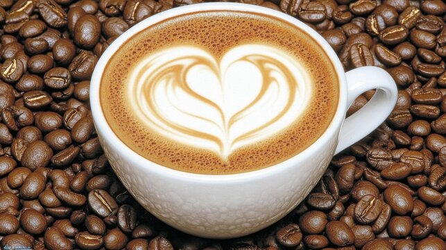Heart-shaped latte art in white cup surrounded by coffee beans