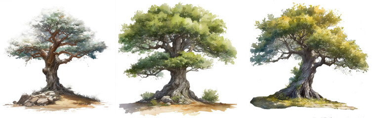 Fototapeta premium Three trees on a transparent background, each with a different color palette, from pale green to bright green. Watercolor illustration.