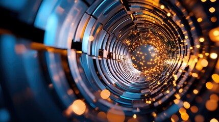 A close up of a superconducting magnet, a key component of particle accelerators, showcasing its intricate design and powerful magnetic field.