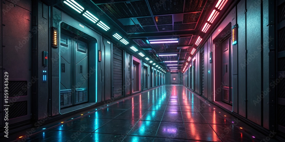 Poster futuristic neon-lit empty corridor with doors - high dynamic range scene for modern architecture pho
