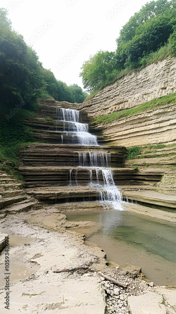 Poster A cascading waterfall flows down a series of stone steps, creating a beautiful natural spectacle.