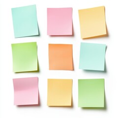 Fototapeta premium A vibrant grid of colorful sticky notes in pastel shades, arranged in a 3x3 pattern, ideal for reminders and creative brainstorming.