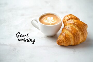 a cup of coffee and a croissant with the inscription "Good morning"  on a white background
