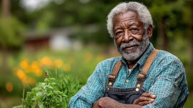Portrait of an Elderly Black Man with a Grey Beard in a Garden - Powered by Adobe