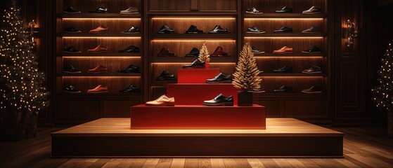 A Christmas display in a shoe store with shelves filled with shoes and a decorated Christmas tree.