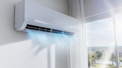 air conditioner on the wall near the window overlooking the garden