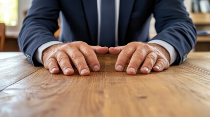 Professional businessman engaged in discussion at office table with focused hands position