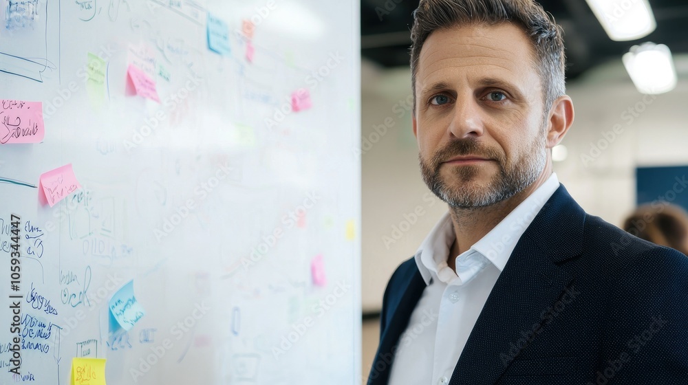 Poster focused executive strategizing in front of office whiteboard with notes