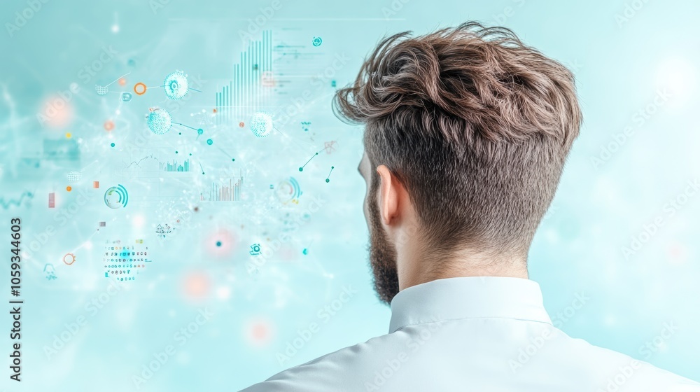 Poster a photo of a data scientist working on a project, with multiple monitors displaying charts and graph