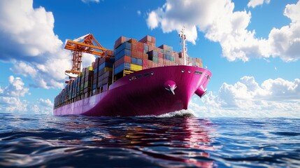 Large container ship navigating open waters under bright sky with clouds