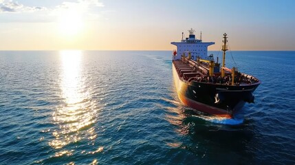 Obraz premium Large cargo vessel anchored offshore under a beautiful sunset on calm waters