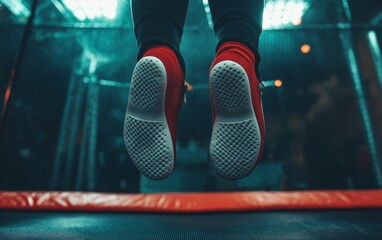 A close-up of red shoes suspended in mid-air, showcasing an energetic jump in a sports environment.