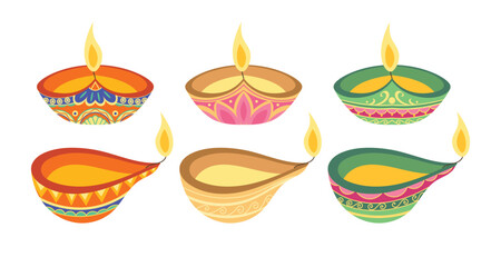 Set of Hand drawing illustration vector Diwali diya, the oil lamps, colorful Indian candles. Element for the traditional Indian festival of lights.. Flat clip art in different perspective