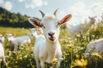 Obraz premium photo of smiling goat in the meadow