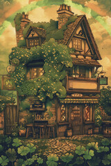 Fototapeta premium Rustic St. Patrick's Day Card Design Featuring Vintage Irish Tavern with Clovers and Rainbow