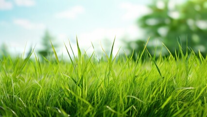 Fototapeta premium Lush green grass in a bright landscape with soft clouds and trees in the background.