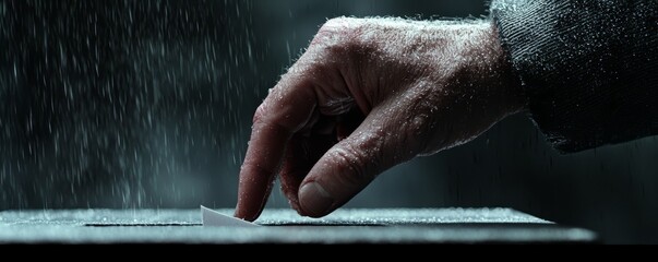 Detailed close-up with a vintage color tone, showing a hand casting a ballot in low light, evoking a sense of nostalgia and reverence for democratic action.