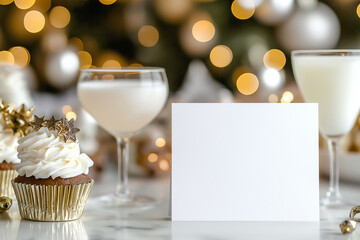 Blank Christmas cocktail bar card mockup with cocktails and sweets for brunch. Blank bar menu card on a table in a restaurant with festive Christmas decorations. Winter holidays celebration, party