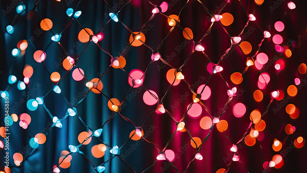 Poster colorful string lights creating a vibrant atmosphere against a dark background.