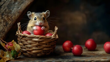 Cute Mouse Holding Apple in Basket.