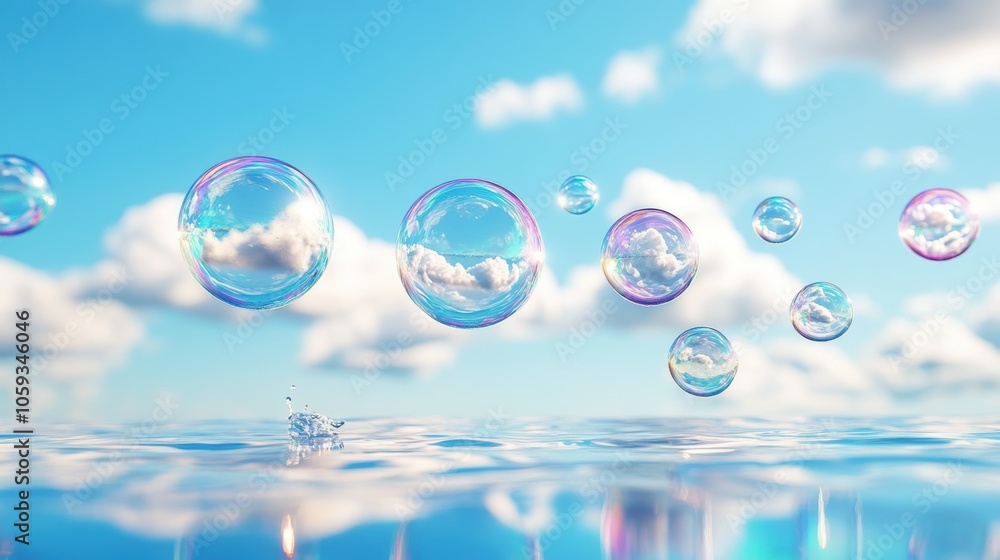 Poster a series of soap bubbles floating on water, with the reflection of the sky and clouds captured in th