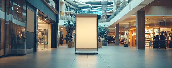 Blank roll-up poster stand in a shopping center 