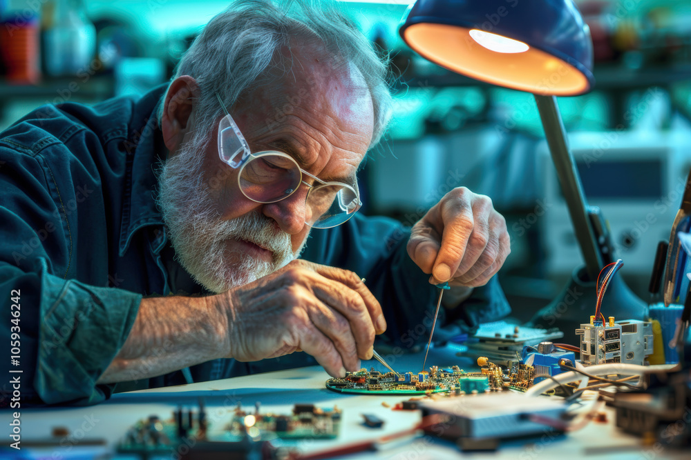 Poster senior technician crafting electronics with precision tools in a workshop setting