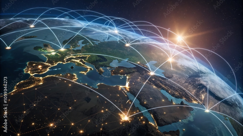 Poster global interconnection in double exposure: earth rising rays and internationalization concepts