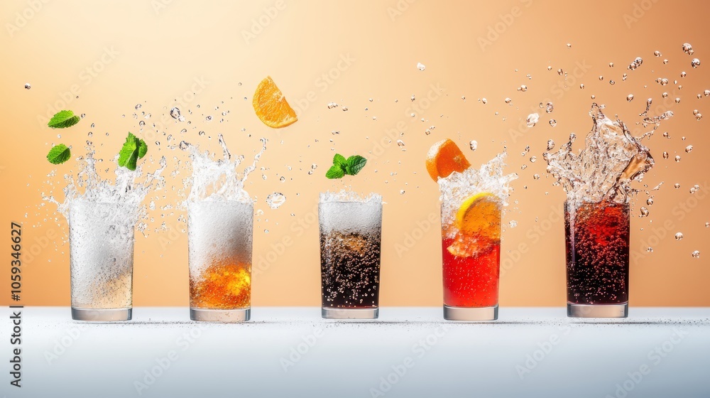 Poster a collection of different fizzy drinks with varying levels of carbonation, showcasing the diverse ra