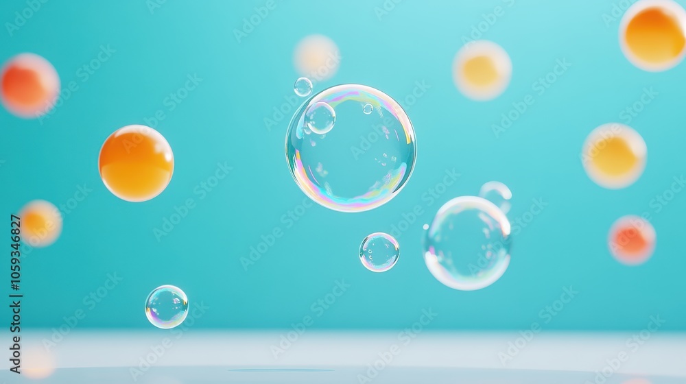 Poster a collection of colorful soap bubbles floating around a festive party setting, creating a whimsical 