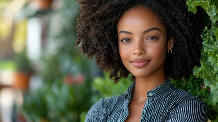 A Young Woman with Curly Hair Smiles While Standing by Green Plants