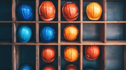 Colorful Hard Hats Organized on Wooden Shelves