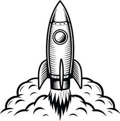 flying rocket  vector illustration  black and white