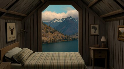Rustic Living Room with Autumn Mountain View
