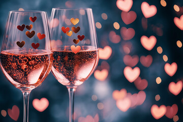 Two glasses with rose sparkling wine and hearts confetti fallen around. Valentine's day, romantic wedding invitation, love greeting card. Dating, falling in love, birthday, winter wedding celebration