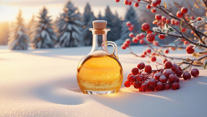 Maple syrup bottle in snow with red berries and winter scenery.