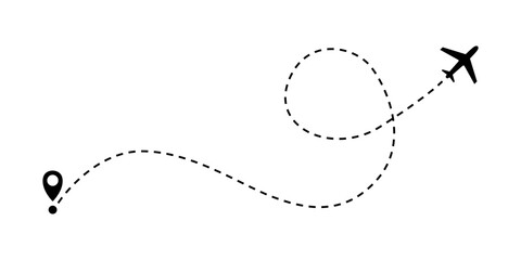 Airplane line path vector icon of air plane flight route with start point and dash line trace. Eps 10.
