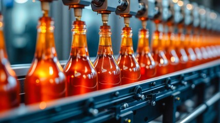 Conveyor Belt of Orange Glass Bottles, A close-up view of a conveyor belt transporting rows of orange glass bottles filled with liquid. The blurred background suggests a factory setting.