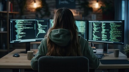 Female coder at desk, intense focus, multiple monitors glowing, power women, tech innovation