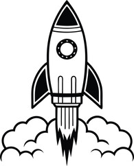 flying rocket  vector illustration  black and white