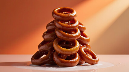 Stacked doughnuts with glaze, colorful background, vibrant food photography.