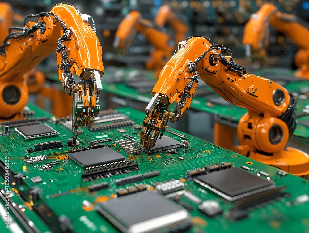 Poster robot arms assembling circuit boards in modern factory