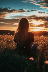A person sits in a field watching the serene sunset alone.
