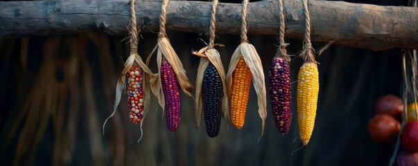 Fototapeta premium Traditional Native American corn varieties, with bold, earthy colors and unique textures, hanging in a festive fall arrangement.