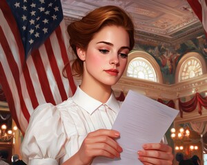 Young woman at a voting station, confidently filling out her ballot in a modern, urban voting booth with patriotic decorations in the background.