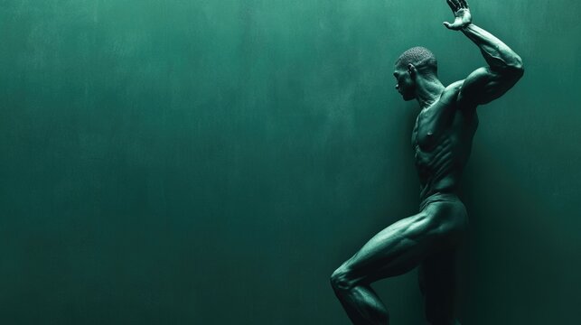 Dynamic pose of a muscular man against green background for fitness campaign mockup