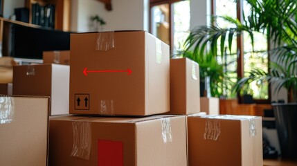 Closeup of moving boxes labeled for different rooms in a bright home environment